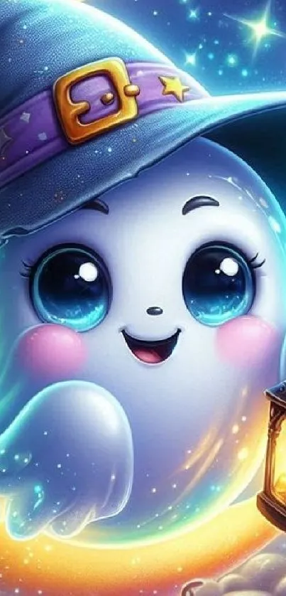 Cute ghost with a lantern wearing a hat in a magical night scene.