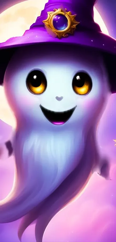 Cute ghost with a wizard hat and glowing eyes on a mobile wallpaper.