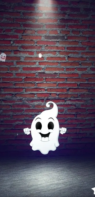 Playful white ghost on a brick background with spotlight.