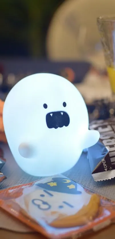 Cute ghostly nightlight with treats in cozy setting.