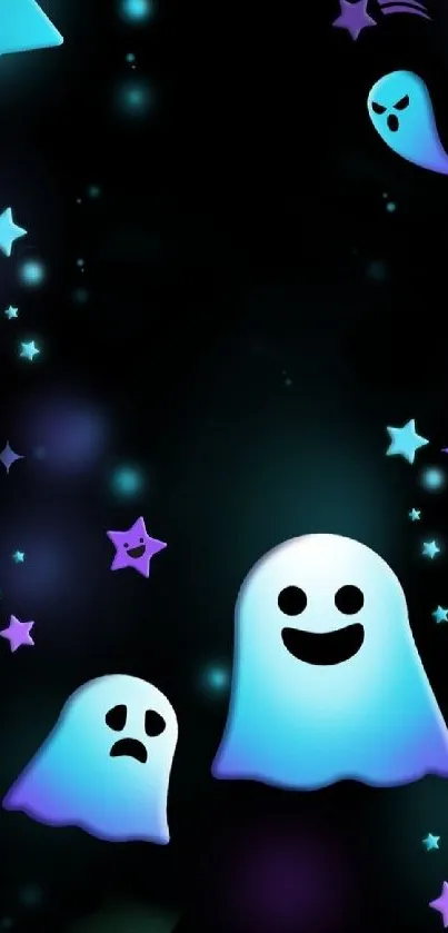 Galaxy-themed wallpaper with cute glowing ghosts and stars.