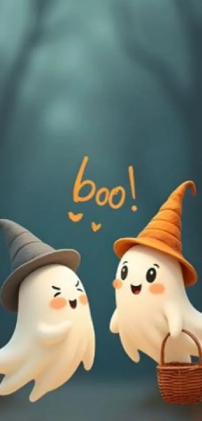 Two cute ghosts with hats in a forest setting.