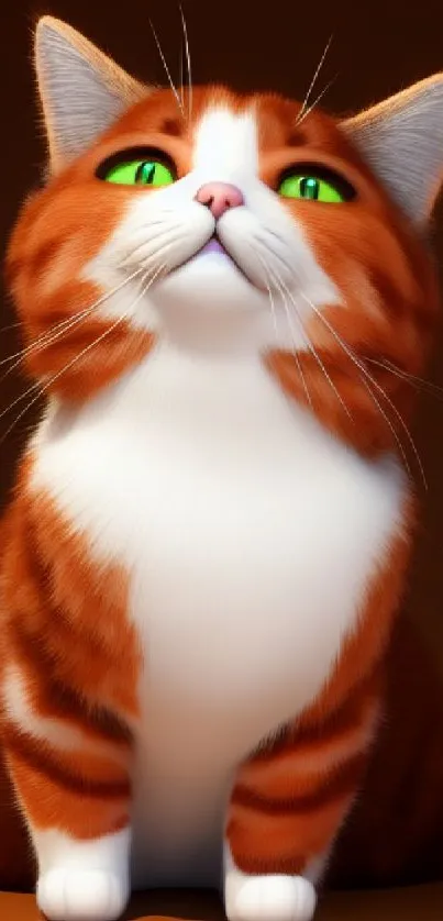 Adorable ginger cat with green eyes on a brown background.