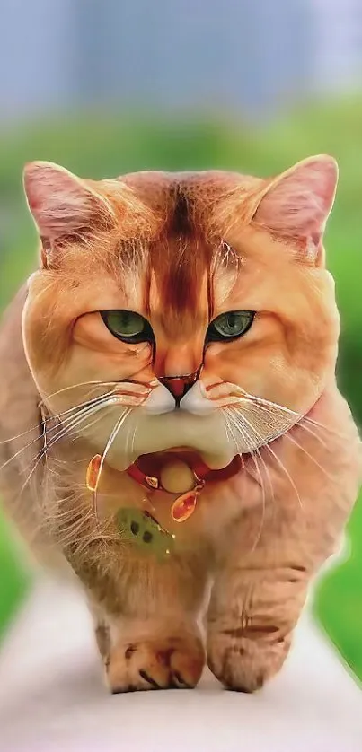 Adorable ginger cat walking on a green pathway wallpaper.