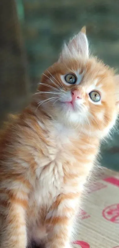 Adorable ginger kitten with fluffy fur sits curiously on a cardboard box.