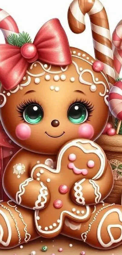 Cute gingerbread character with candy background