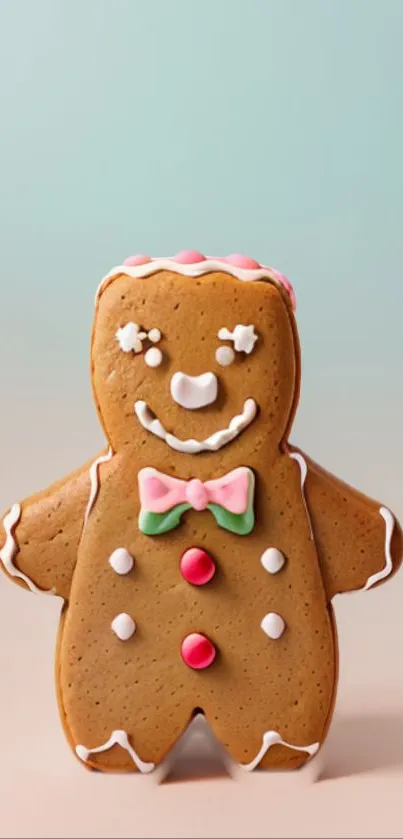 Cute gingerbread man with pastel decorations on a teal background.