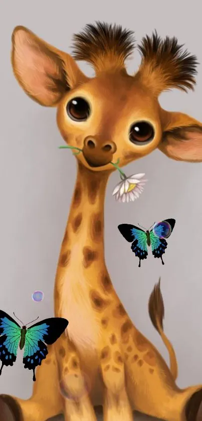 Cute giraffe holding a flower with colorful butterflies.