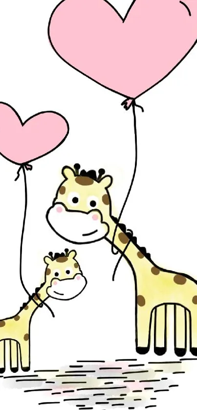 Cute giraffes holding pink heart balloons on a white background.