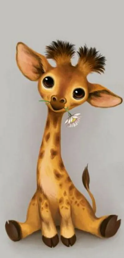 Cute cartoon giraffe with flower on soft gray background.