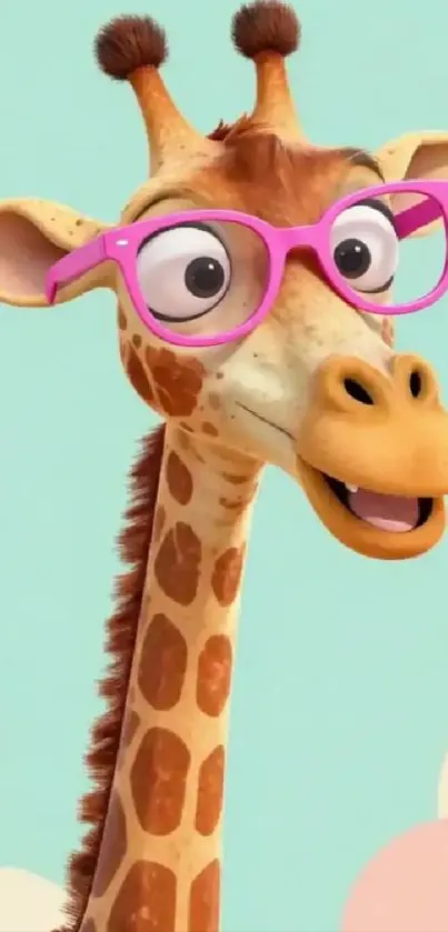 Cartoon giraffe with pink glasses on a blue background.