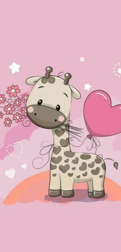 Cute cartoon giraffe with heart balloon on a pink background.