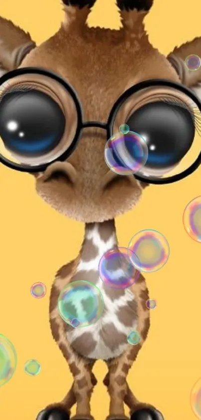 Cute cartoon giraffe with glasses on yellow background wallpaper.