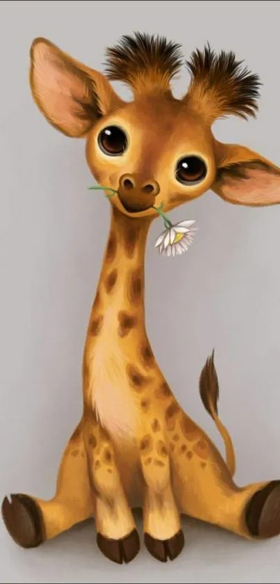 Cute cartoon giraffe holding a flower.