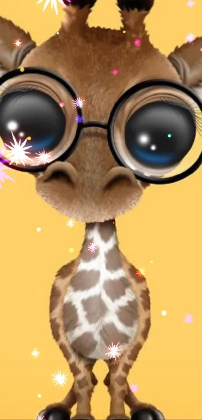 Cute giraffe with large glasses on a yellow background.