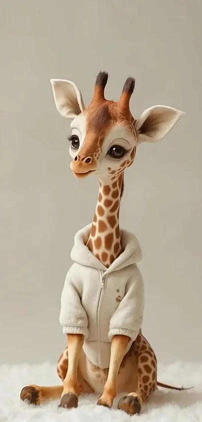 Cute illustrated giraffe in a hoodie sitting on a soft surface.