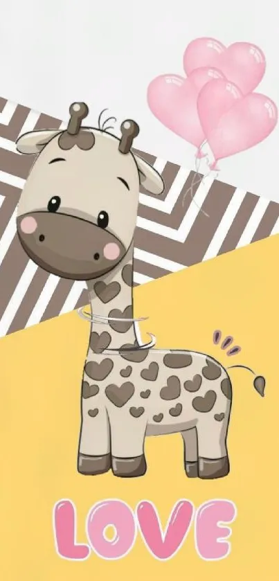 Cute giraffe with heart patterns and balloons on a yellow background.