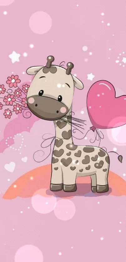 Cute giraffe with heart balloon on pink background.