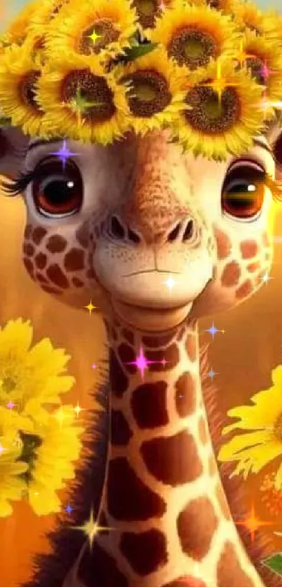 Cartoon giraffe with sunflower crown in a bright floral background.