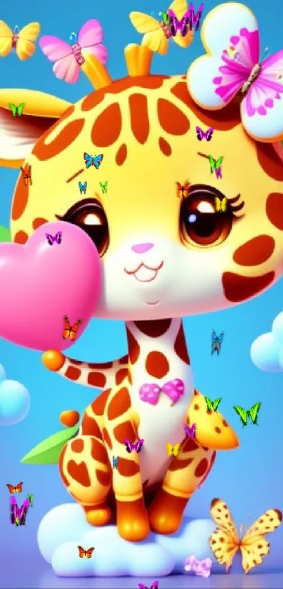 Cute cartoon giraffe holding a pink heart with colorful butterflies.