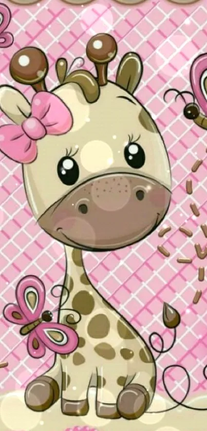 Cartoon giraffe with butterflies on a pink background.