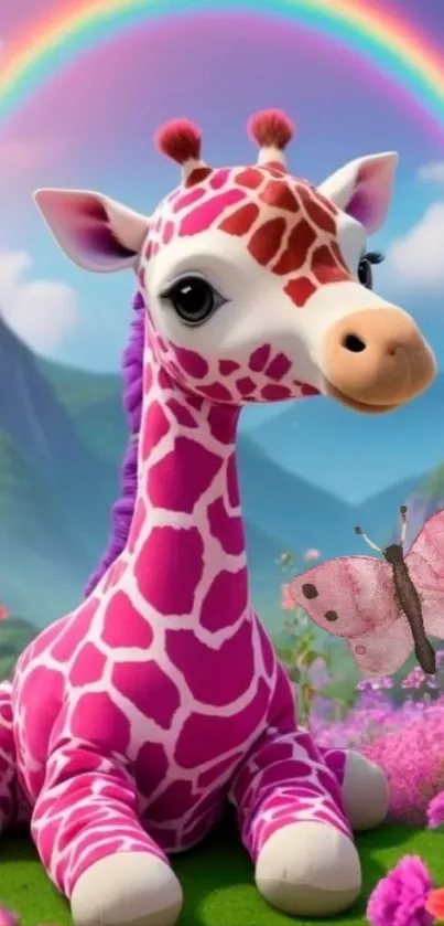 Cute pink giraffe with a rainbow and butterfly.