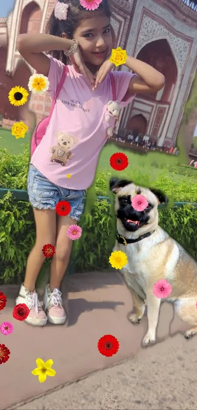 Girl and dog in a vibrant flower-filled garden setting.