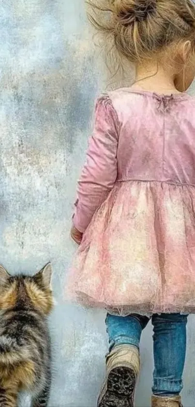 Young girl with a pink dress and a kitten walking beside her.