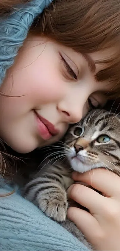 A girl warmly cuddling a kitten in a cozy setting.