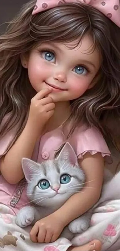 Adorable girl and kitten in moonlit pink digital art wallpaper.