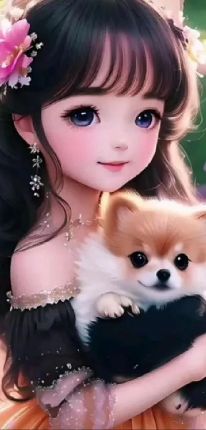 Adorable cartoon girl with puppy in floral setting.