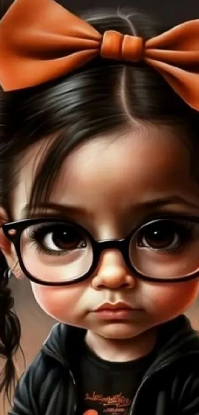 Cute cartoon girl with glasses and an orange bow as wallpaper.