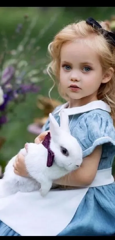 Cute girl with bunny in garden setting wallpaper.