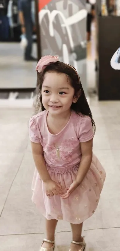 Adorable girl in a pink dress, smiling indoors with a bow in her hair.