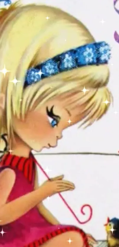 Illustration of a cute blonde girl with a blue headband and red dress.