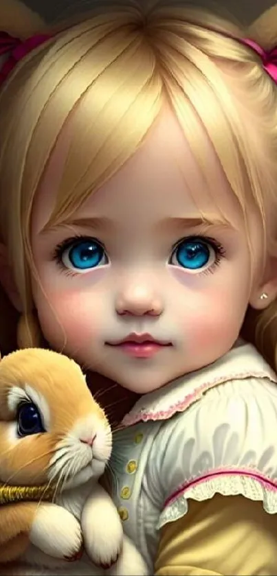 Cute girl with blue eyes holding a bunny, in a whimsical illustration.