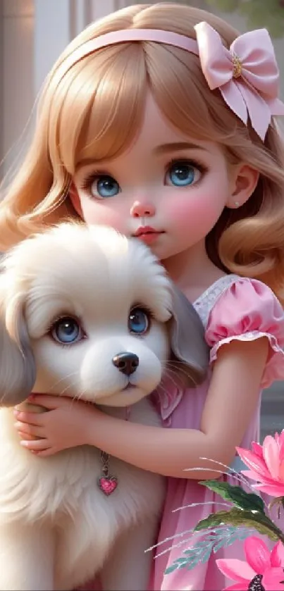 Cute girl hugging a fluffy puppy with flowers.