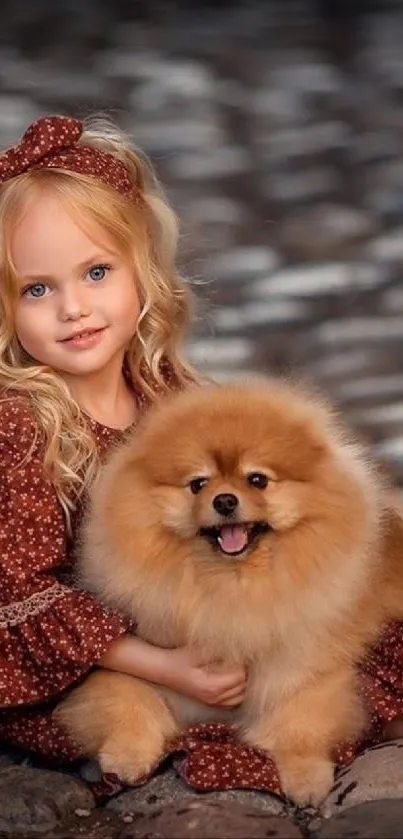 Young girl with fluffy Pomeranian on cobblestones.