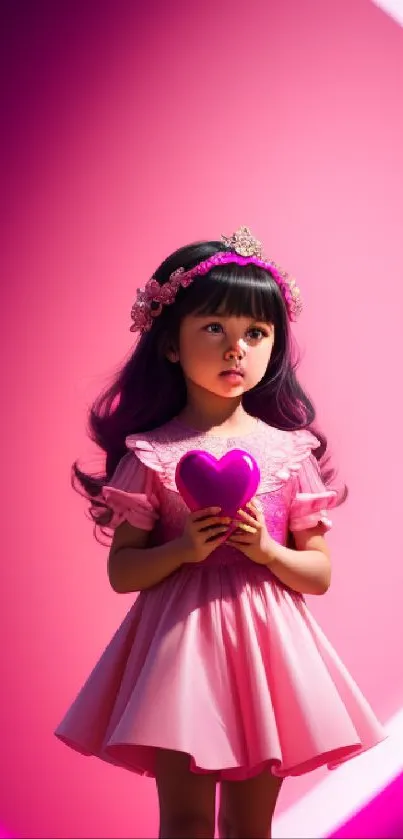 Cute girl in pink dress holding a heart with vibrant color background.