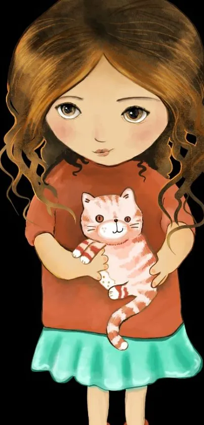 Cute girl holding a kitten on black background.