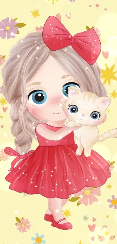 Cute cartoon girl with kitten and flowers.