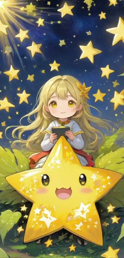 Anime girl on star amidst glowing stars.