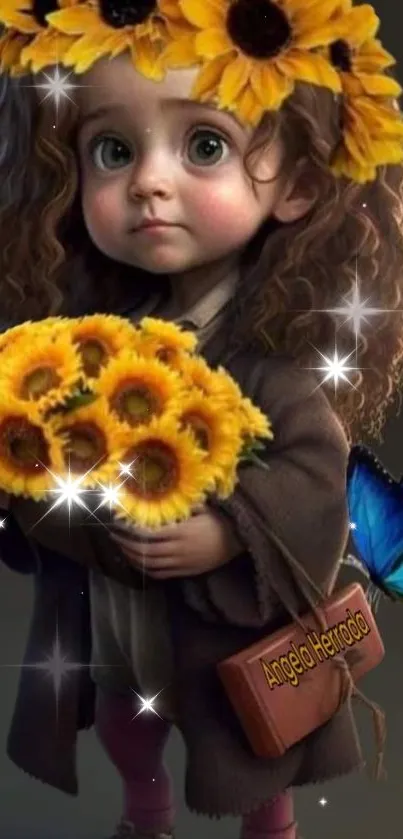 Cute girl with sunflowers and a blue butterfly in dark brown attire.