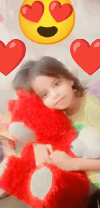 Cute girl hugs red teddy bear with hearts in a cozy design.