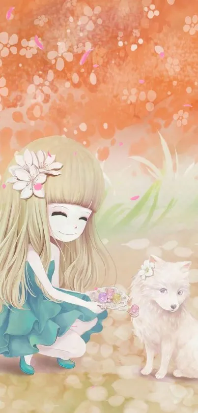 Anime-style girl with a white fox and peach blossoms.