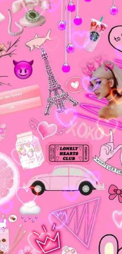 Pink girly aesthetic wallpaper with cute and playful icons.