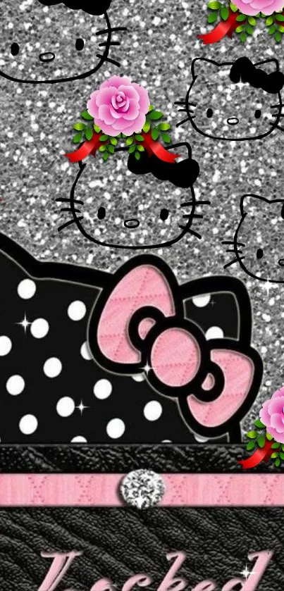 Cute glittery wallpaper with cat faces and floral accents.