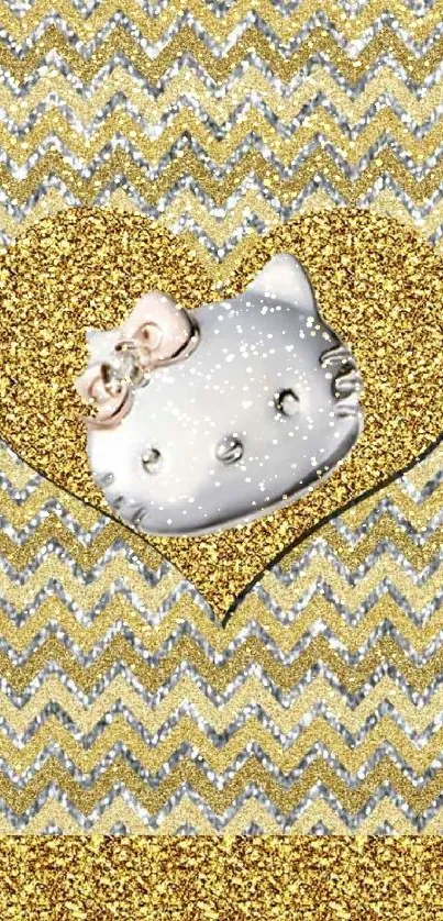 Silver cat on gold heart wallpaper with glitter.