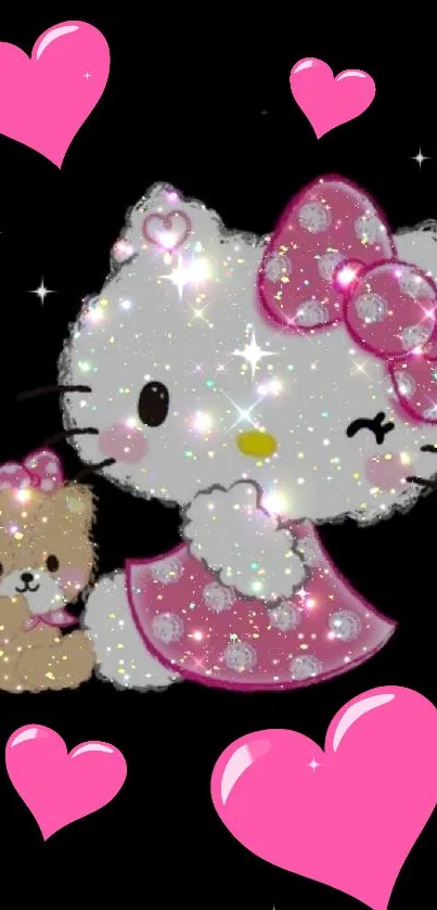 Cute glitter kitty with pink hearts and a bear.