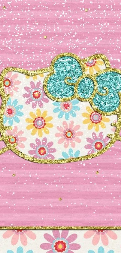 Hello Kitty wallpaper with glitter bow and colorful flowers on pink background.